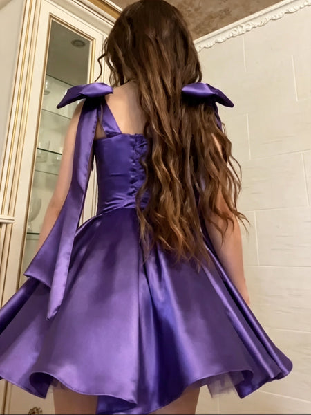 Short Purple Satin Prom Dress with Straps, Short Dark Purple Formal Homecoming Dresses