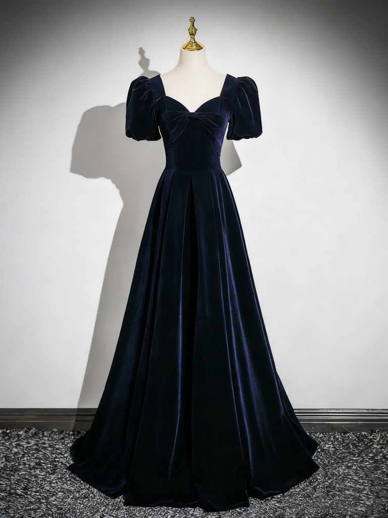 Short Sleeves Dark Navy Blue Long Prom Dresses, Dark Navy Blue Long Formal Evening Dresses