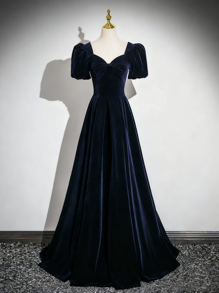 Short Sleeves Dark Navy Blue Long Prom Dresses, Dark Navy Blue Long Formal Evening Dresses
