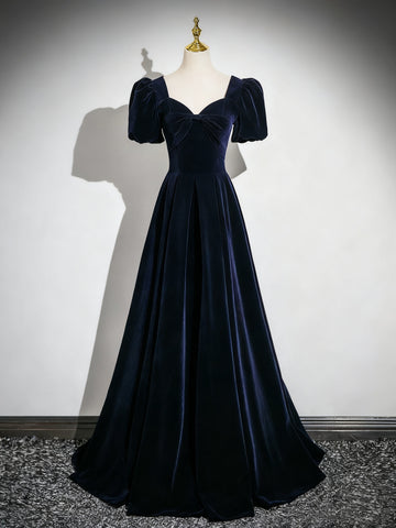 Short Sleeves Dark Navy Blue Long Prom Dresses, Dark Navy Blue Long Formal Evening Dresses
