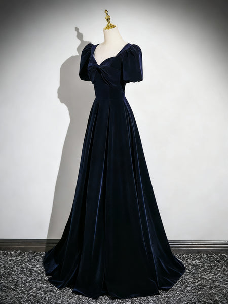 Short Sleeves Dark Navy Blue Long Prom Dresses, Dark Navy Blue Long Formal Evening Dresses