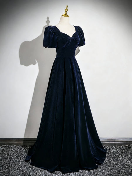 Short Sleeves Dark Navy Blue Long Prom Dresses, Dark Navy Blue Long Formal Evening Dresses