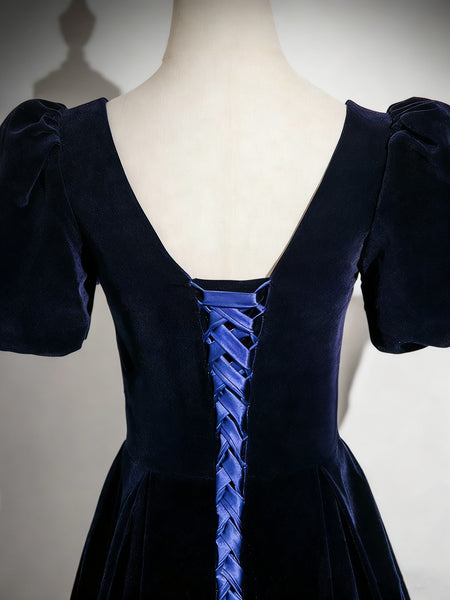 Short Sleeves Dark Navy Blue Long Prom Dresses, Dark Navy Blue Long Formal Evening Dresses