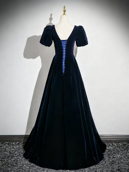 Short Sleeves Dark Navy Blue Long Prom Dresses, Dark Navy Blue Long Formal Evening Dresses