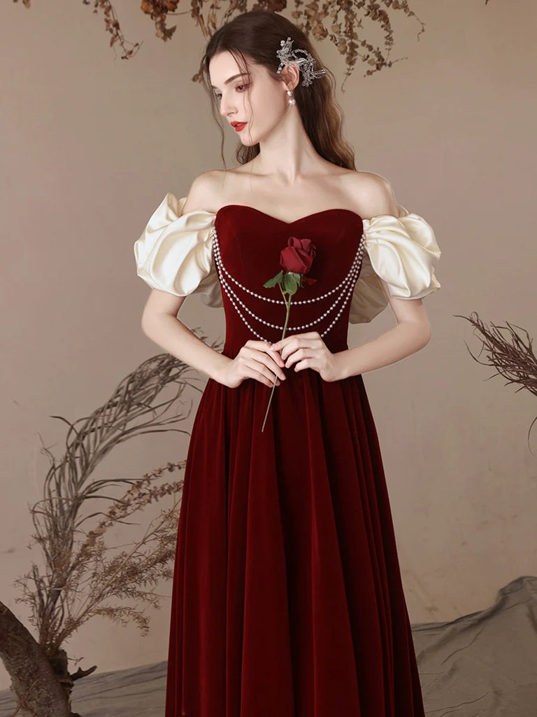 Short Sleeves Off the Shoulder Burgundy Long Prom Dresses, Wine Red Lo jbydress Short Sleeves Off the Shoulder Burgundy Long Prom Dresses, Wine Red Lo jbydress