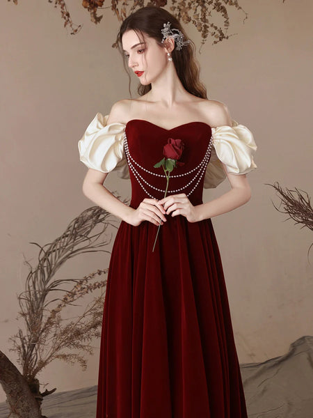 Short Sleeves Off the Shoulder Burgundy Long Prom Dresses, Wine Red Long Formal Evening Dresses