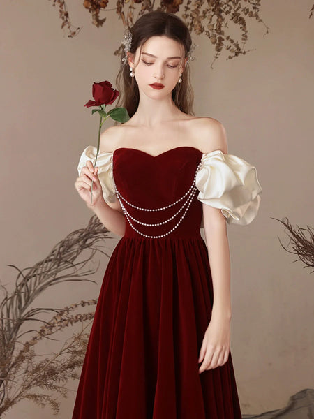 Short Sleeves Off the Shoulder Burgundy Long Prom Dresses, Wine Red Long Formal Evening Dresses