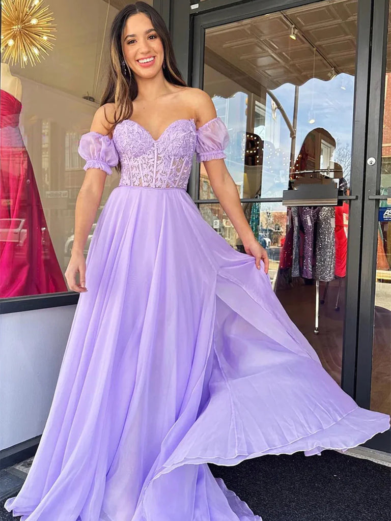 Short Sleeves Purple Lace Prom Dresses, Purple Long Lace Formal Evening Dresses
