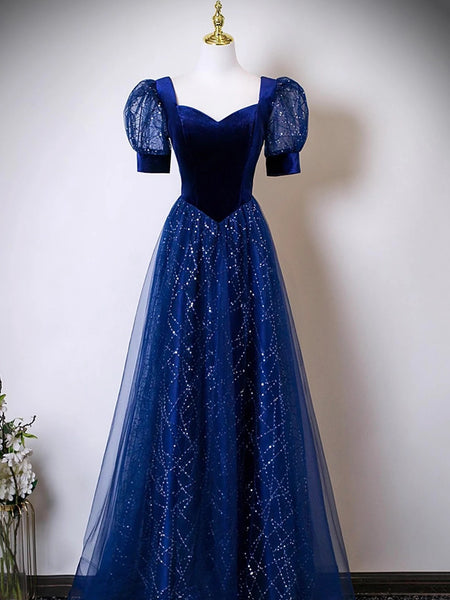 Short Sleeves Shiny Blue Long Prom Dresses, Short Sleeves Long Formal Evening Dresses