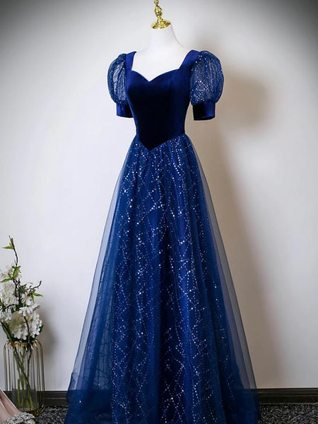 Short Sleeves Shiny Blue Long Prom Dresses, Short Sleeves Long Formal Evening Dresses