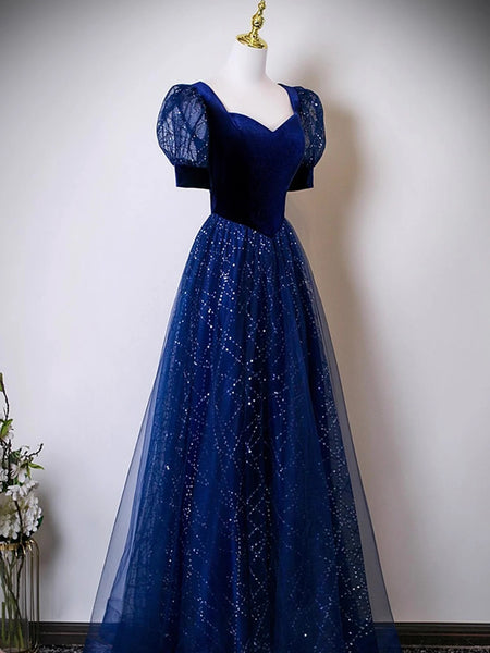 Short Sleeves Shiny Blue Long Prom Dresses, Short Sleeves Long Formal Evening Dresses