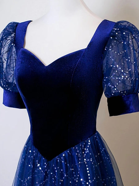 Short Sleeves Shiny Blue Long Prom Dresses, Short Sleeves Long Formal Evening Dresses