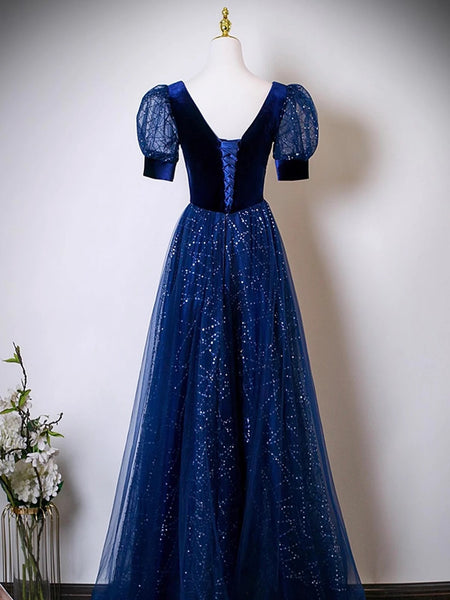 Short Sleeves Shiny Blue Long Prom Dresses, Short Sleeves Long Formal Evening Dresses