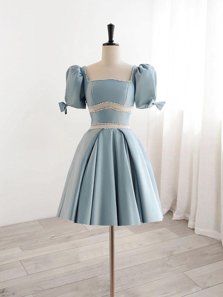 Short Sleeves Short Blue Prom Dresses, Short Blue Formal Homecoming Dr – jbydress