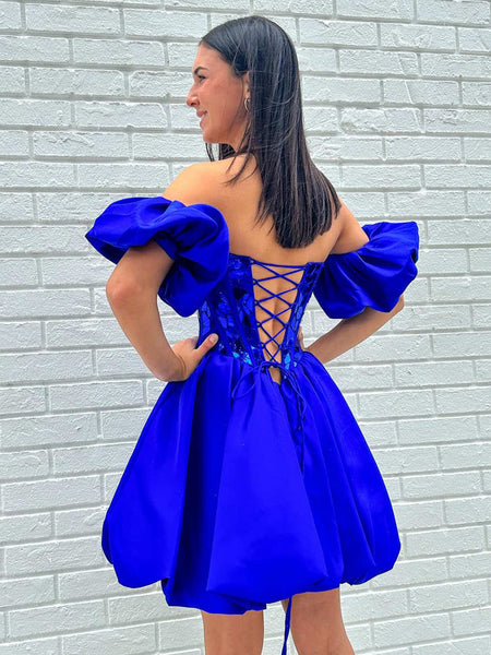 Short Sleeves Short Royal Blue Prom Dresses, Short Royal Blue Beaded F
