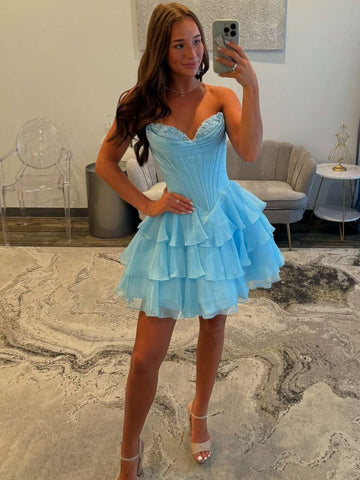 Short Sweetheart Neck Blue Black Pink Purple Layered Prom Dresses, Short Layered Formal Graduation Dresses