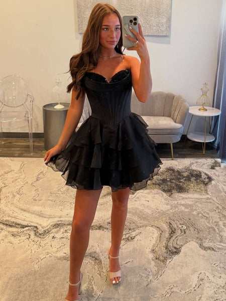 Short Sweetheart Neck Blue Black Pink Purple Layered Prom Dresses, Short Layered Formal Graduation Dresses