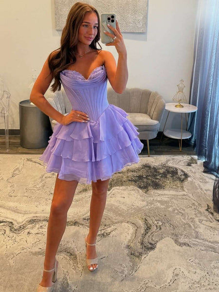 Short Sweetheart Neck Blue Black Pink Purple Layered Prom Dresses, Short Layered Formal Graduation Dresses