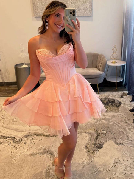 Short Sweetheart Neck Blue Black Pink Purple Layered Prom Dresses, Short Layered Formal Graduation Dresses