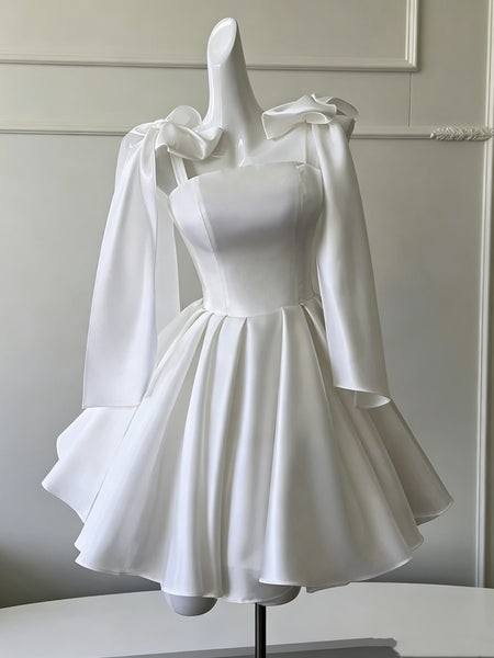 Short White Dark Navy Blue Yellow Satin Prom Dresses with Straps, Short White Blue Yellow Homecoming Dresses