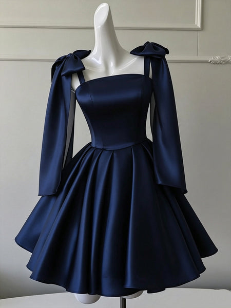 Short White Dark Navy Blue Yellow Satin Prom Dresses with Straps, Short White Blue Yellow Homecoming Dresses