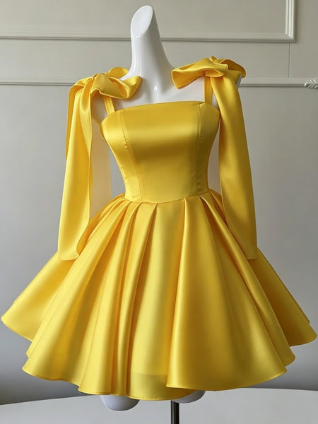 Short White Dark Navy Blue Yellow Satin Prom Dresses with Straps, Short White Blue Yellow Homecoming Dresses