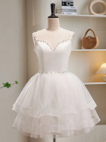 Short White Tulle Prom Dresses, Short White Tulle Homecoming Graduation Dresses