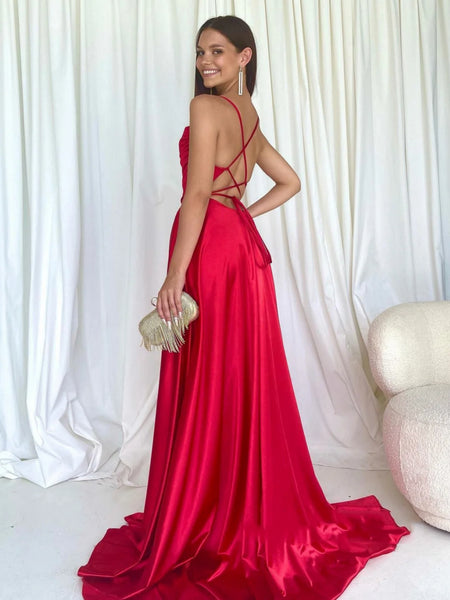 Simple A Line Backless Red Satin Long Prom Dresses with High Slit, Long Red Formal Graduation Evening Dresses