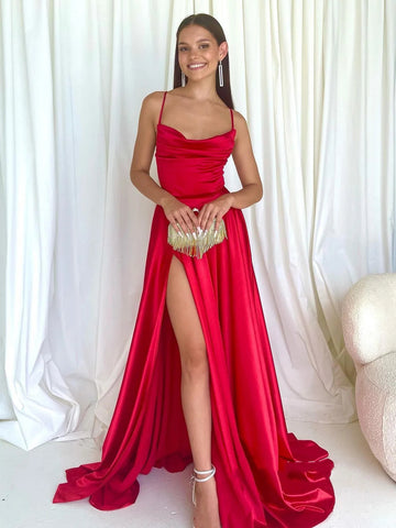 Simple A Line Backless Red Satin Long Prom Dresses with High Slit, Long Red Formal Graduation Evening Dresses