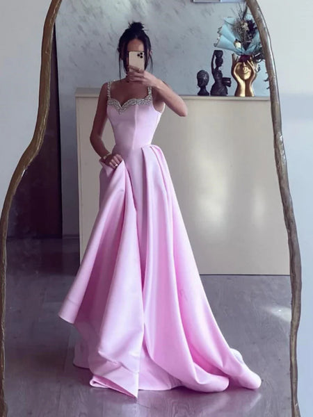 Simple A Line Pink Satin Long Prom Dresses with Beadings, Long Pink Formal Graduation Evening Dresses