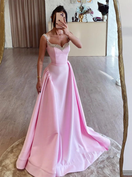 Simple A Line Pink Satin Long Prom Dresses with Beadings, Long Pink Formal Graduation Evening Dresses