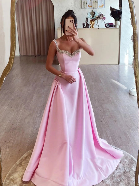 Simple A Line Pink Satin Long Prom Dresses with Beadings, Long Pink Formal Graduation Evening Dresses