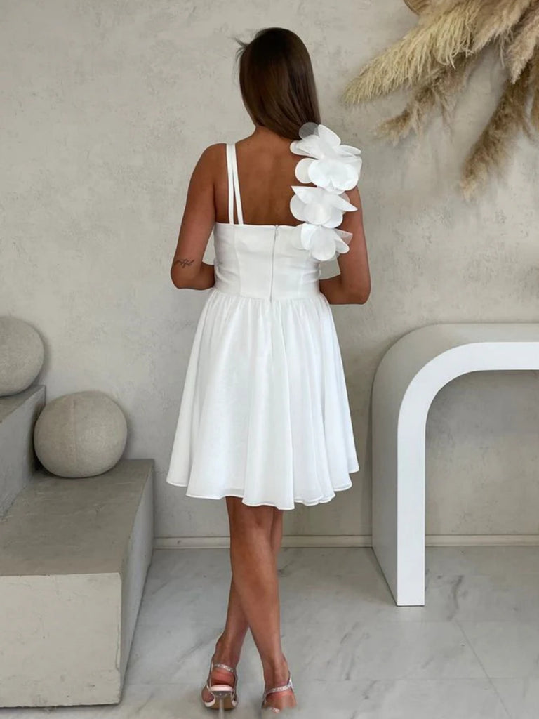 Simple One Shoulder Floral White Chiffon Short Prom Dresses, One Shoul jbydress Simple One Shoulder Floral White Chiffon Short Prom Dresses, One Shoul jbydress