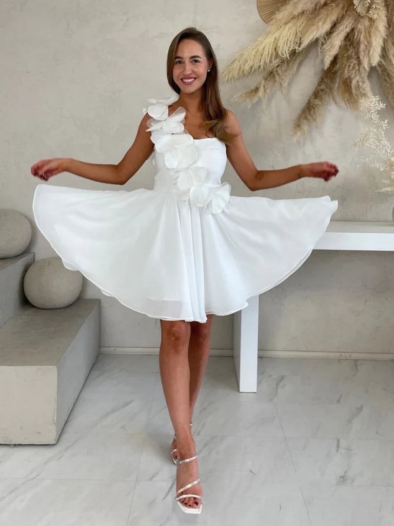 Simple One Shoulder Floral White Chiffon Short Prom Dresses, One Shoul jbydress Simple One Shoulder Floral White Chiffon Short Prom Dresses, One Shoul jbydress