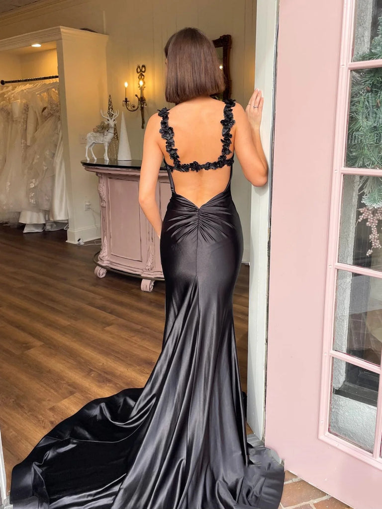 Simple Open Back Mermaid Black Long Prom Dresses with High Slit