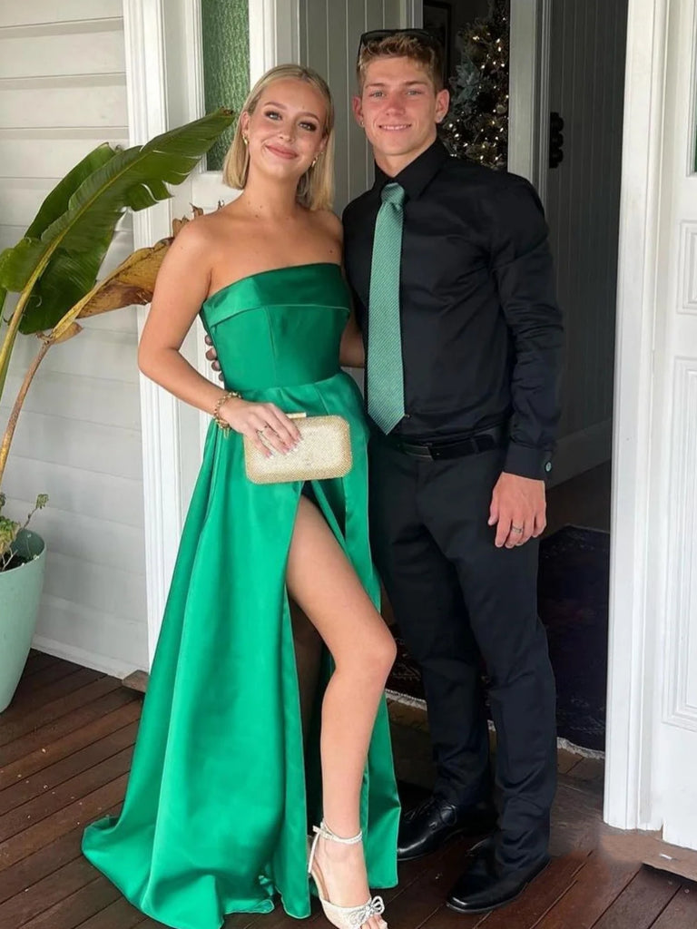 Simple Strapless Green Satin Long Prom Dresses with High Slit, Straple jbydress Simple Strapless Green Satin Long Prom Dresses with High Slit, Straple jbydress