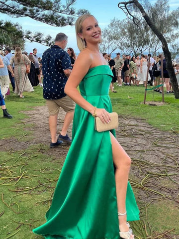 Simple Strapless Green Satin Long Prom Dresses with High Slit, Strapless Green Formal Graduation Evening Dresses