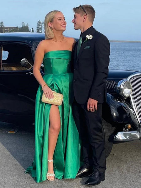 Simple Strapless Green Satin Long Prom Dresses with High Slit, Strapless Green Formal Graduation Evening Dresses