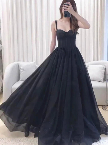 Simple Sweetheart Neck Black Long Prom Dresses, Long Black Formal Graduation Evening Dresses