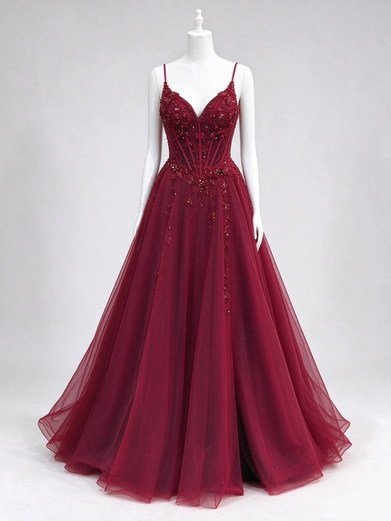 Spaghetti Strap Burgundy Blue V Neck Beaded Tulle Prom Dress, Corset Lace Up Back Formal Evening Gown, Sparkly A Line Quinceanera Dress