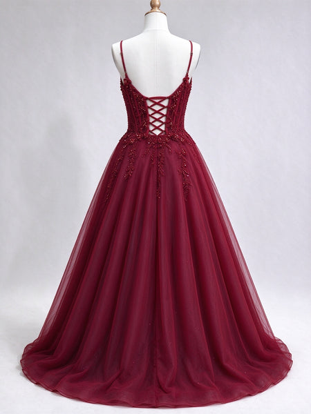 Spaghetti Strap Burgundy Blue V Neck Beaded Tulle Prom Dress, Corset Lace Up Back Formal Evening Gown, Sparkly A Line Quinceanera Dress