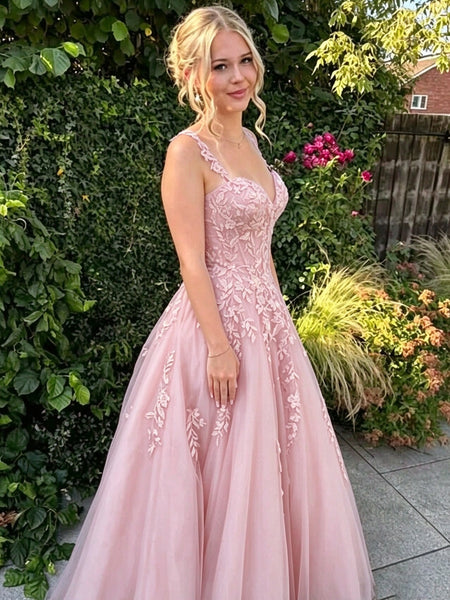 Spaghetti Strap V Neck Pink Blue Tulle Long Prom Dresses, A Line Lace Applique Formal Evening Gown
