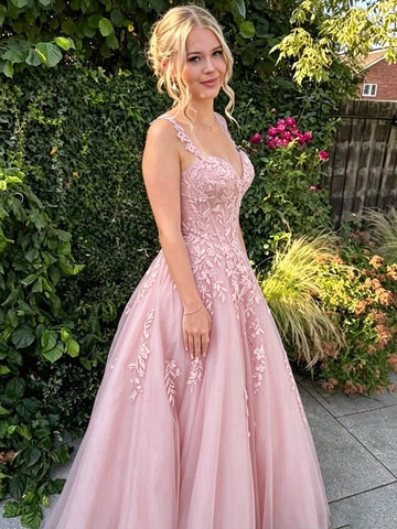 Spaghetti Strap V Neck Pink Blue Tulle Long Prom Dresses, A Line Lace Applique Formal Evening Gown