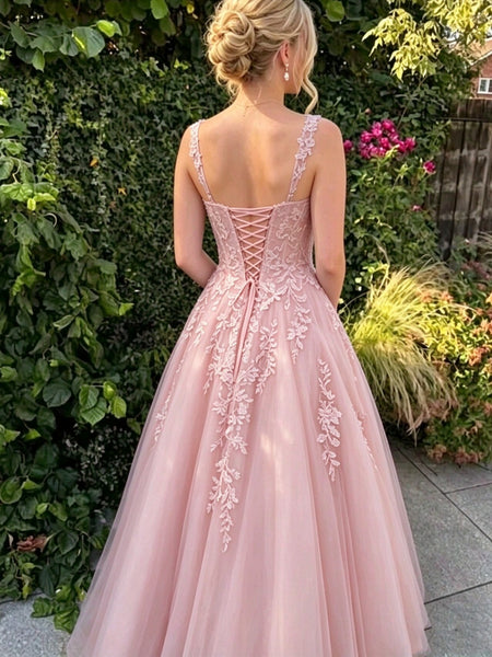 Spaghetti Strap V Neck Pink Blue Tulle Long Prom Dresses, A Line Lace Applique Formal Evening Gown