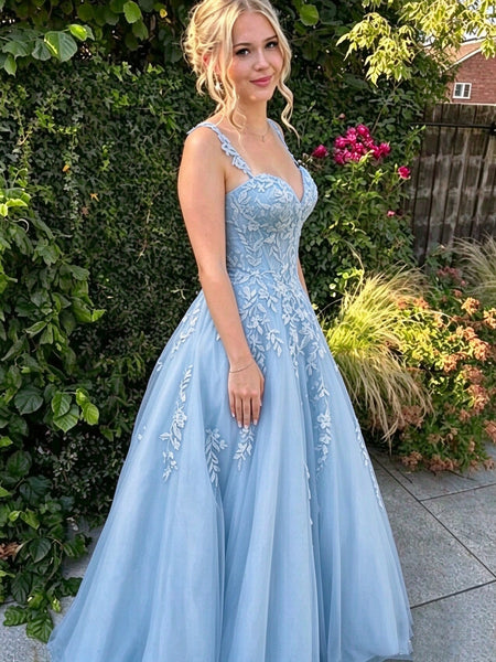 Spaghetti Strap V Neck Pink Blue Tulle Long Prom Dresses, A Line Lace Applique Formal Evening Gown
