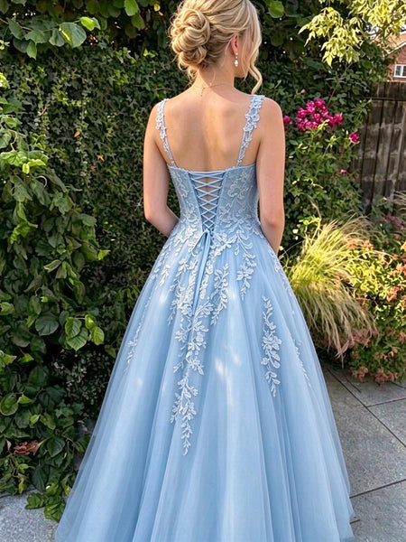 Spaghetti Strap V Neck Pink Blue Tulle Long Prom Dresses, A Line Lace Applique Formal Evening Gown