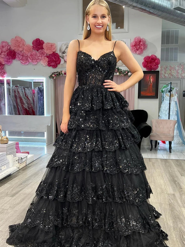 Spaghetti Straps Black White Lace Long Prom Dresses, Long Lace Formal –  jbydress