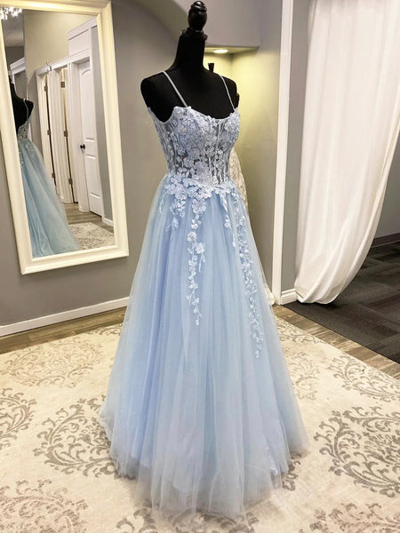 Spaghetti Straps Blue Lace Prom Dresses, Blue Lace Long Formal Evening Dresses