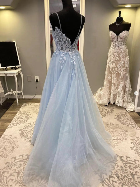 Spaghetti Straps Blue Lace Prom Dresses, Blue Lace Long Formal Evening Dresses