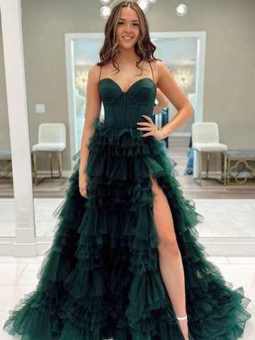 Spaghetti Straps Dark Green Layered Long Tulle Prom Dresses, Dark Green Layered Long Formal Dresses